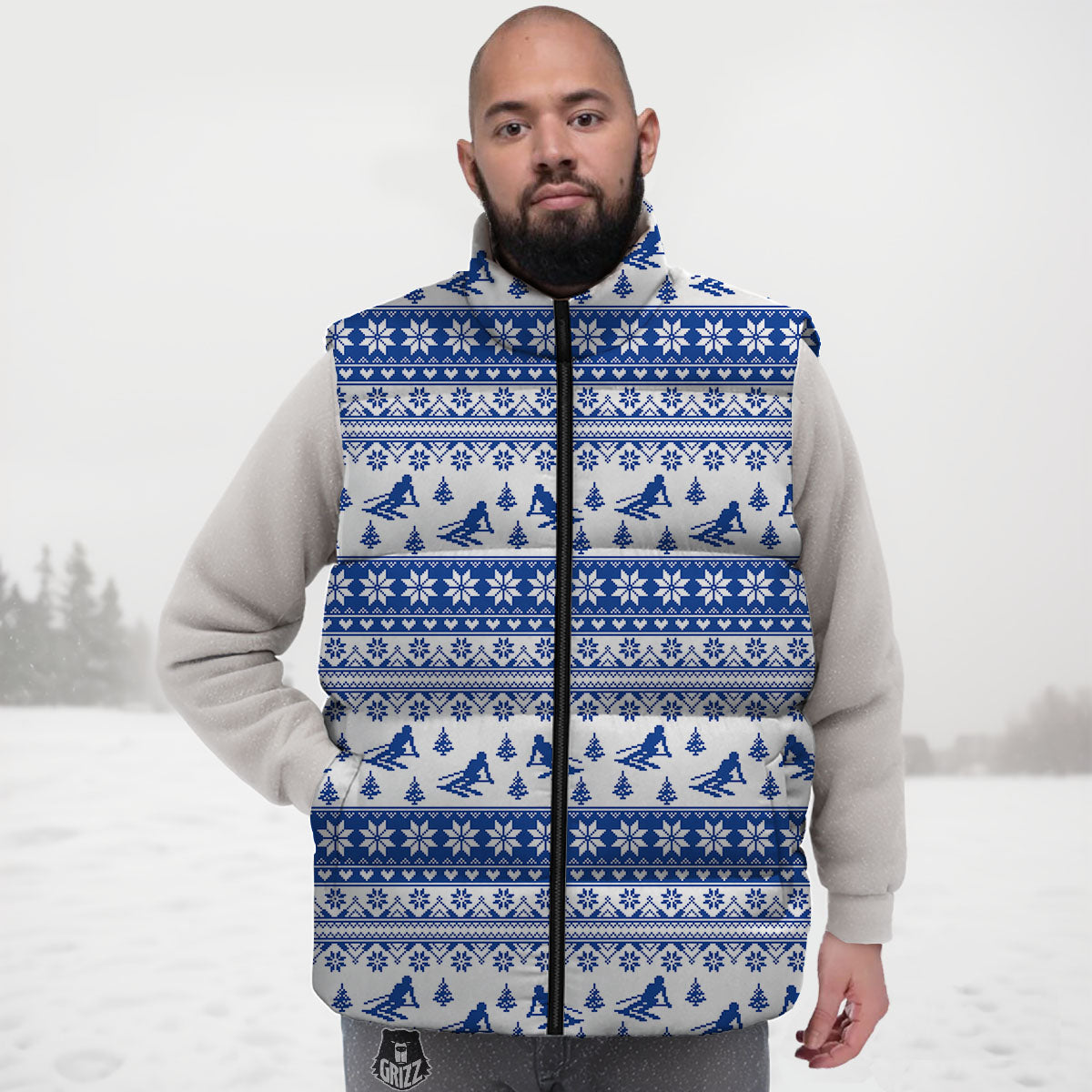 Knitting Winter Ski Print Pattern Down Vest-grizzshop
