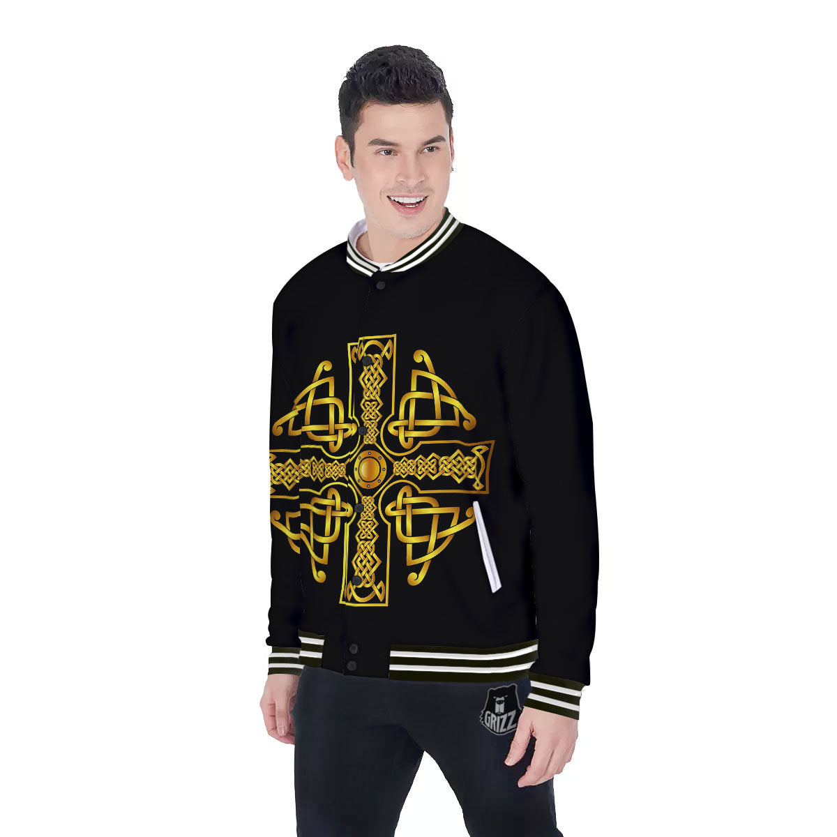 Knot Cross Gold Celtic Print Baseball Jacket-grizzshop