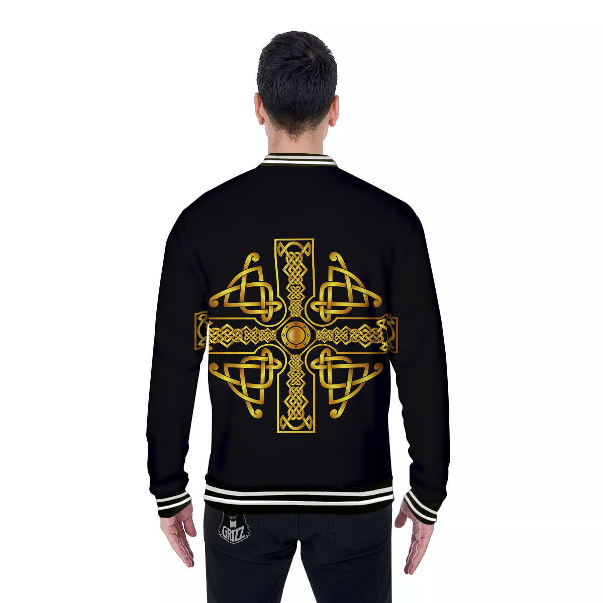 Knot Cross Gold Celtic Print Baseball Jacket-grizzshop