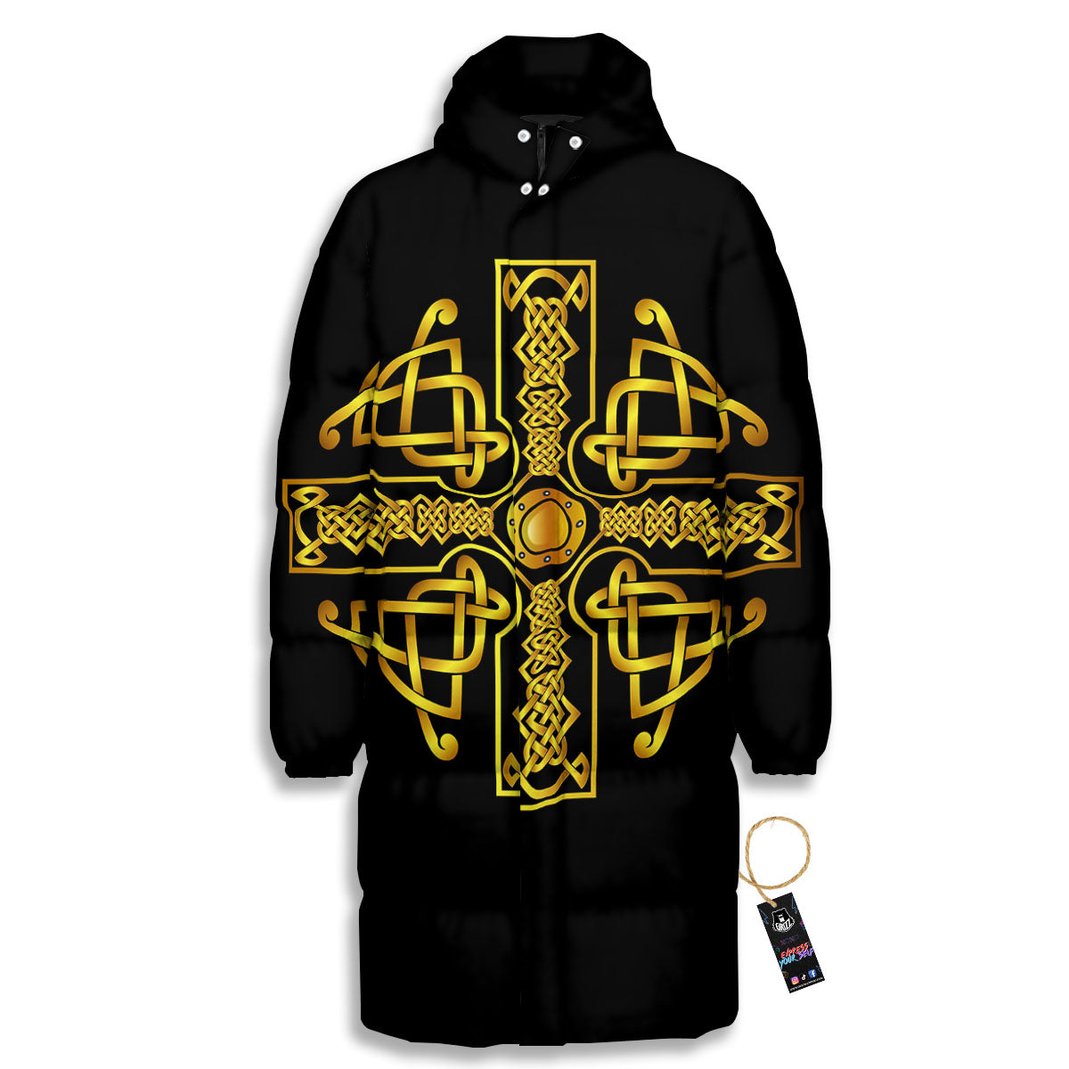 Knot Cross Gold Celtic Print Long Down Jacket-grizzshop