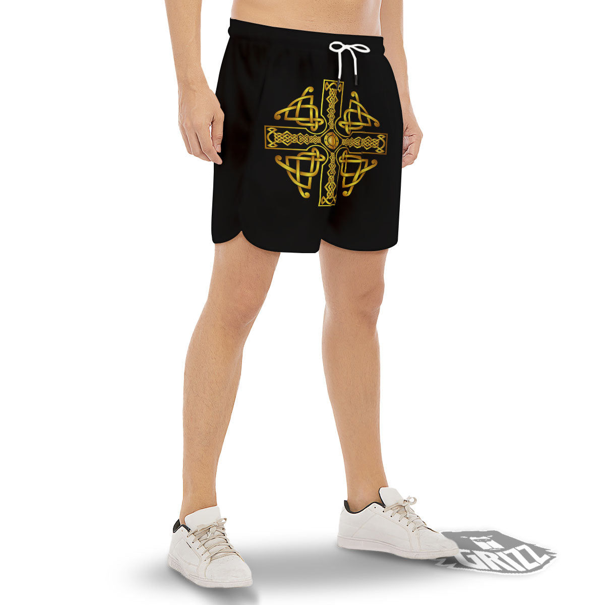 Knot Cross Gold Celtic Print Men's Gym Shorts-grizzshop