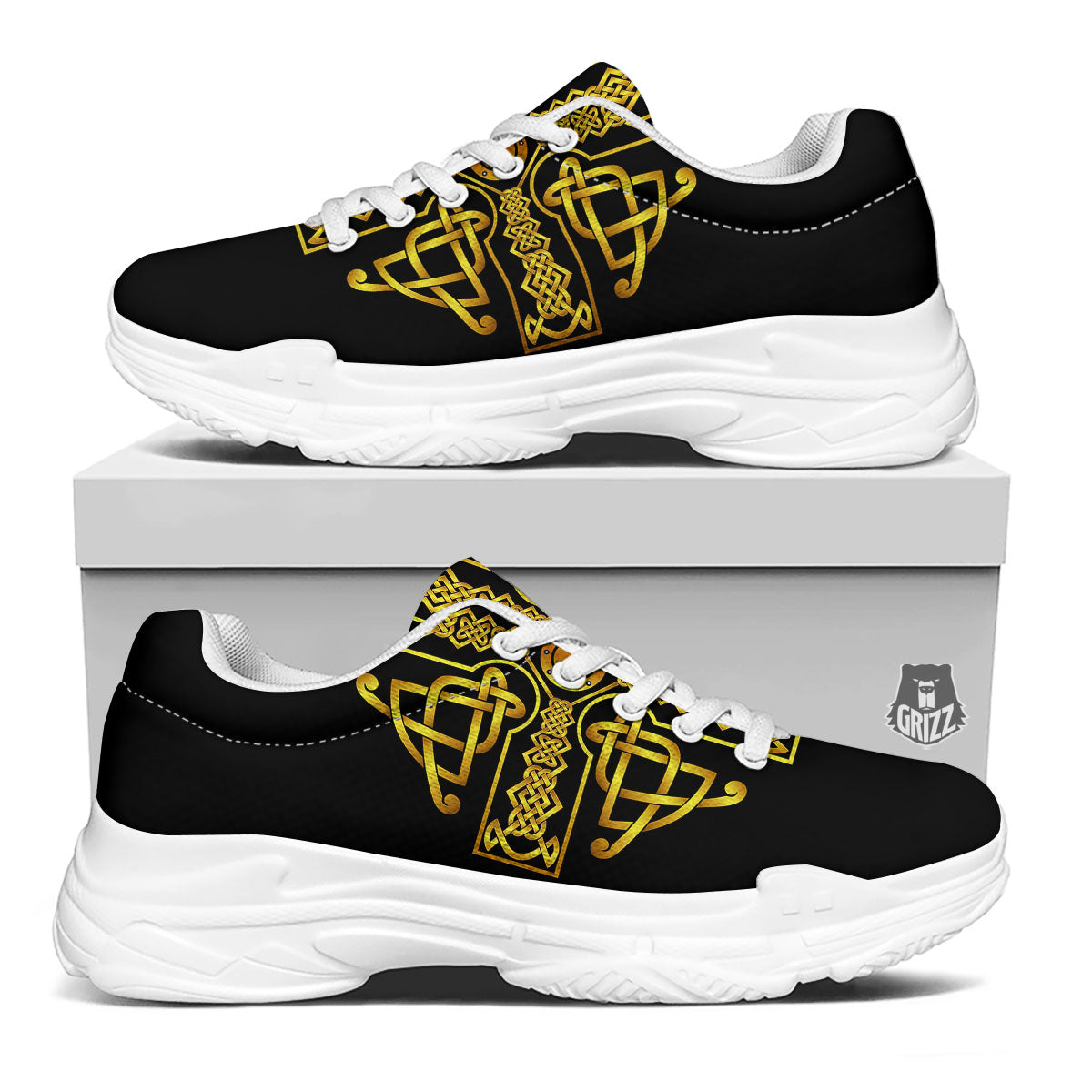 Knot Cross Gold Celtic Print White Chunky Shoes-grizzshop