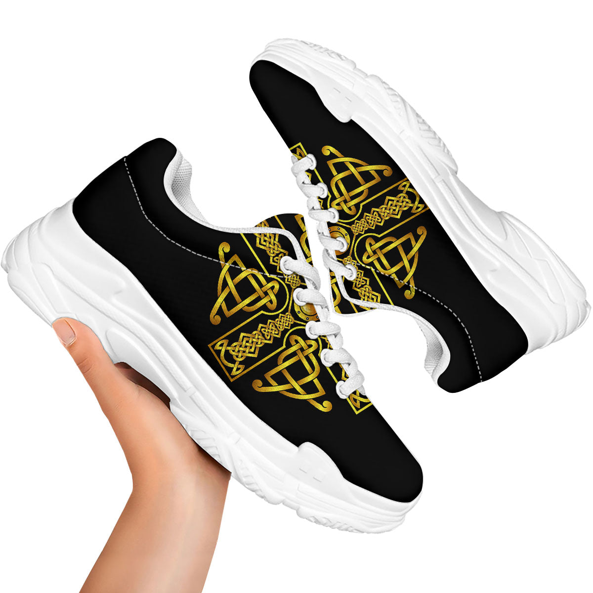 Knot Cross Gold Celtic Print White Chunky Shoes-grizzshop
