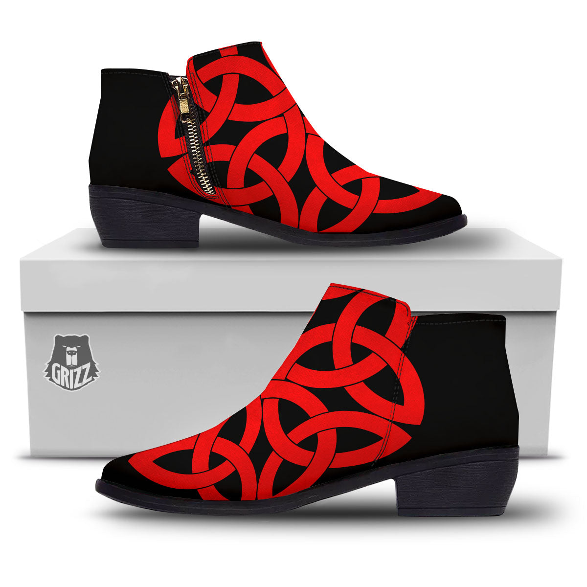 Knot Red Celtic Print Ankle Boots-grizzshop