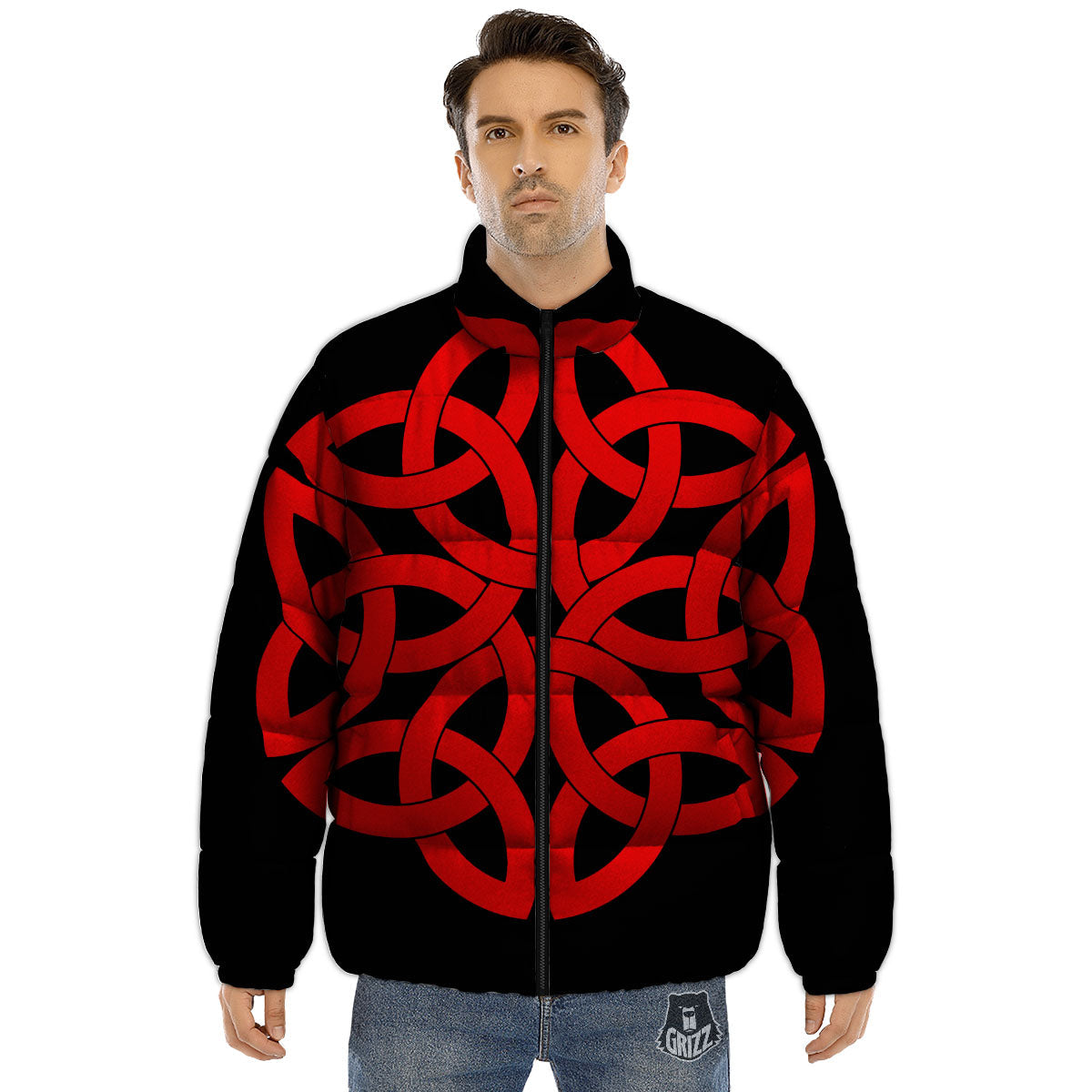 Knot Red Celtic Print Puffer Jacket-grizzshop