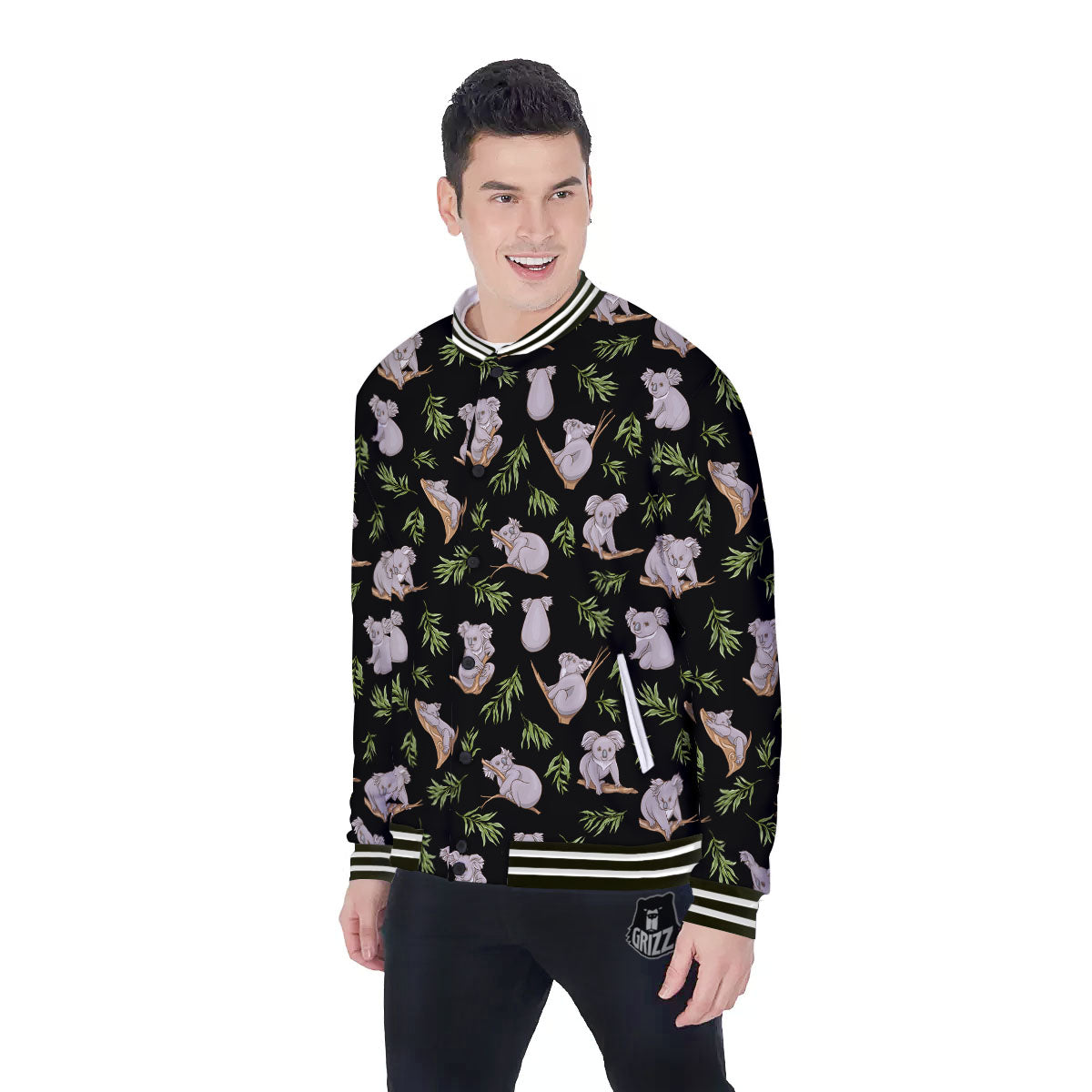 Koala Bear Black Print Pattern Baseball Jacket-grizzshop