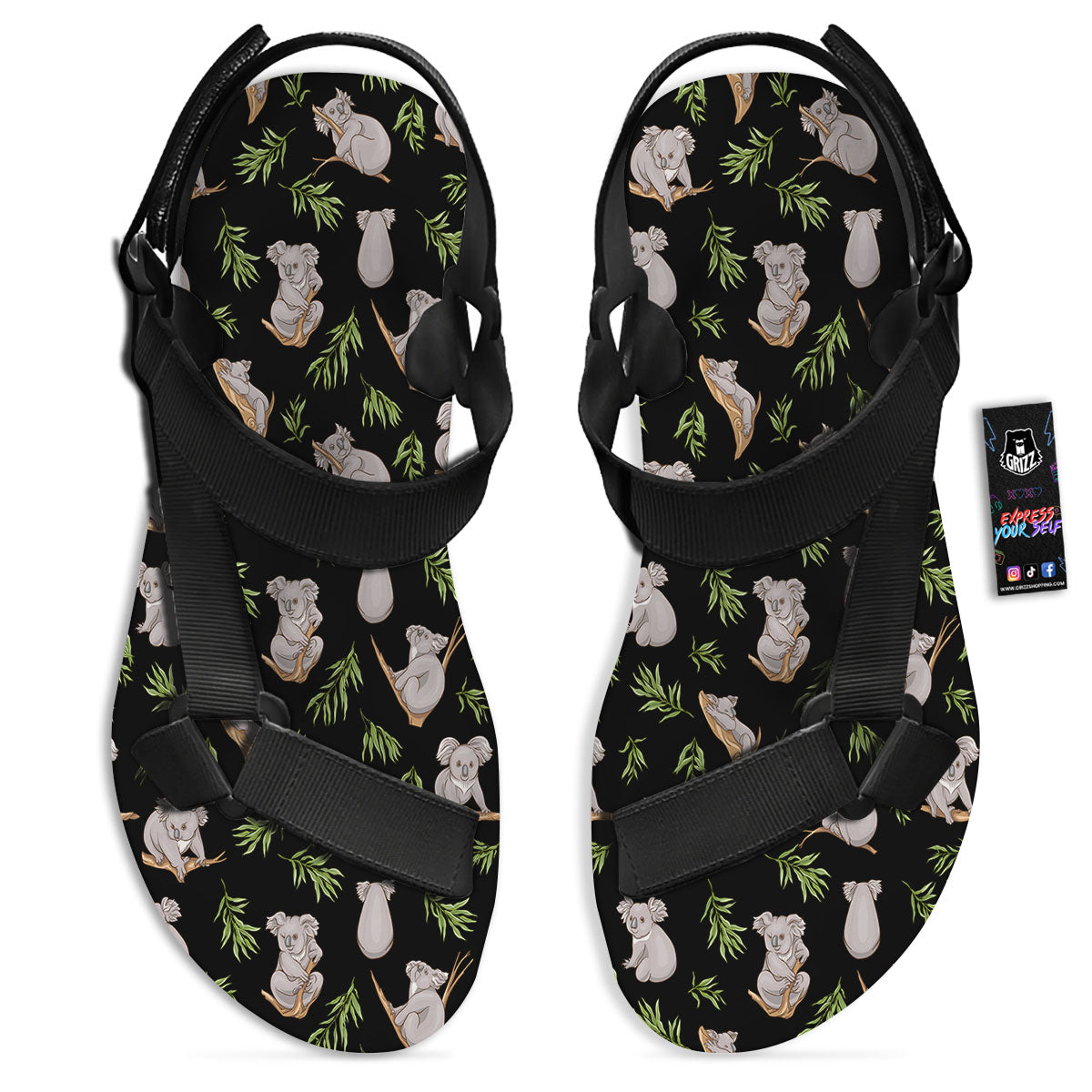 Koala Bear Black Print Pattern Black Open Toe Sandals-grizzshop