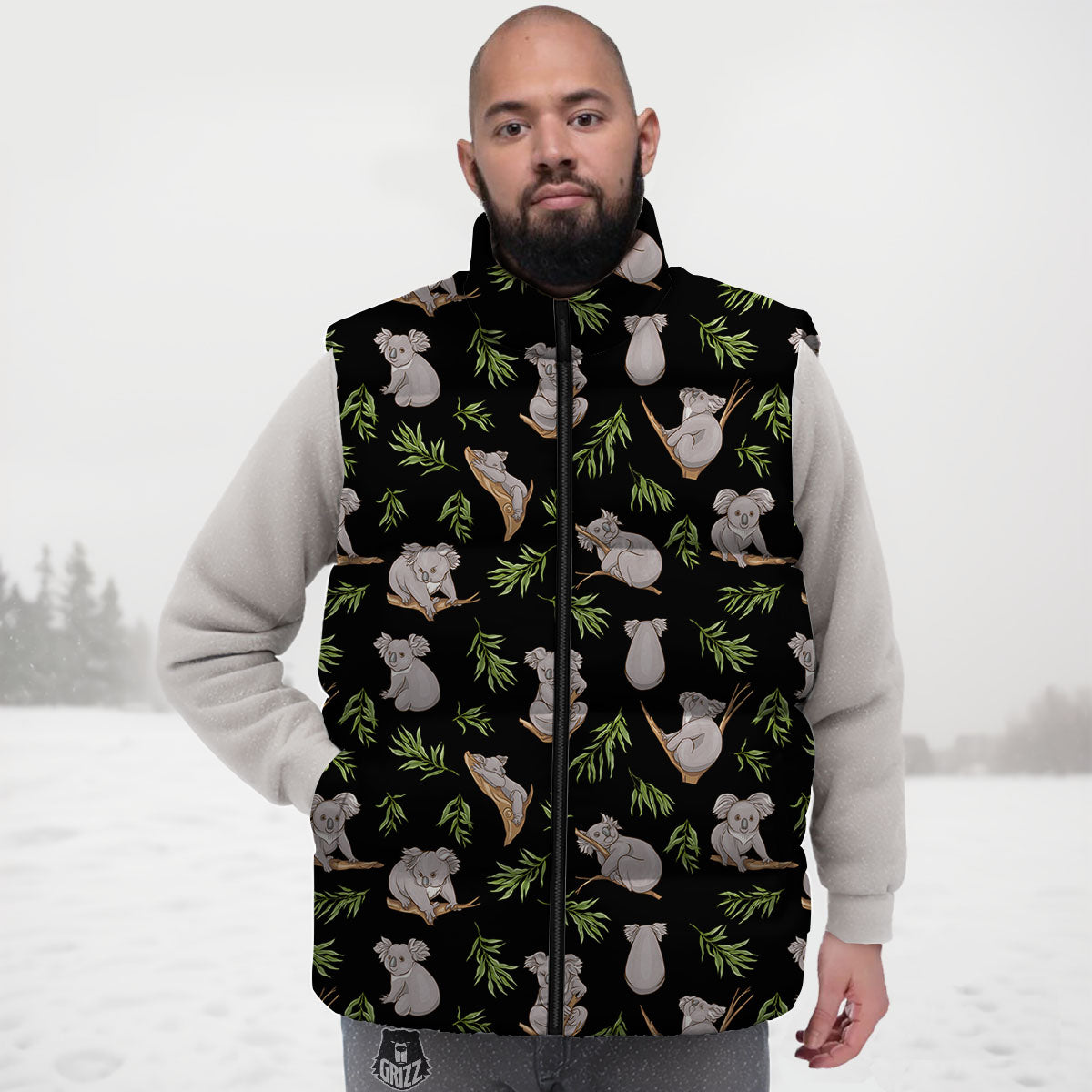 Koala Bear Black Print Pattern Down Vest-grizzshop