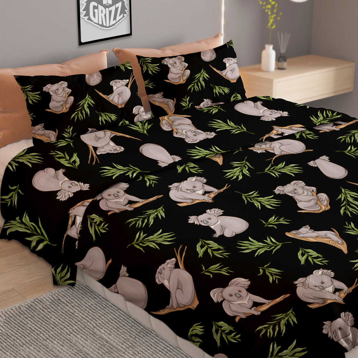 Koala Bear Black Print Pattern Duvet Cover Bedding Set