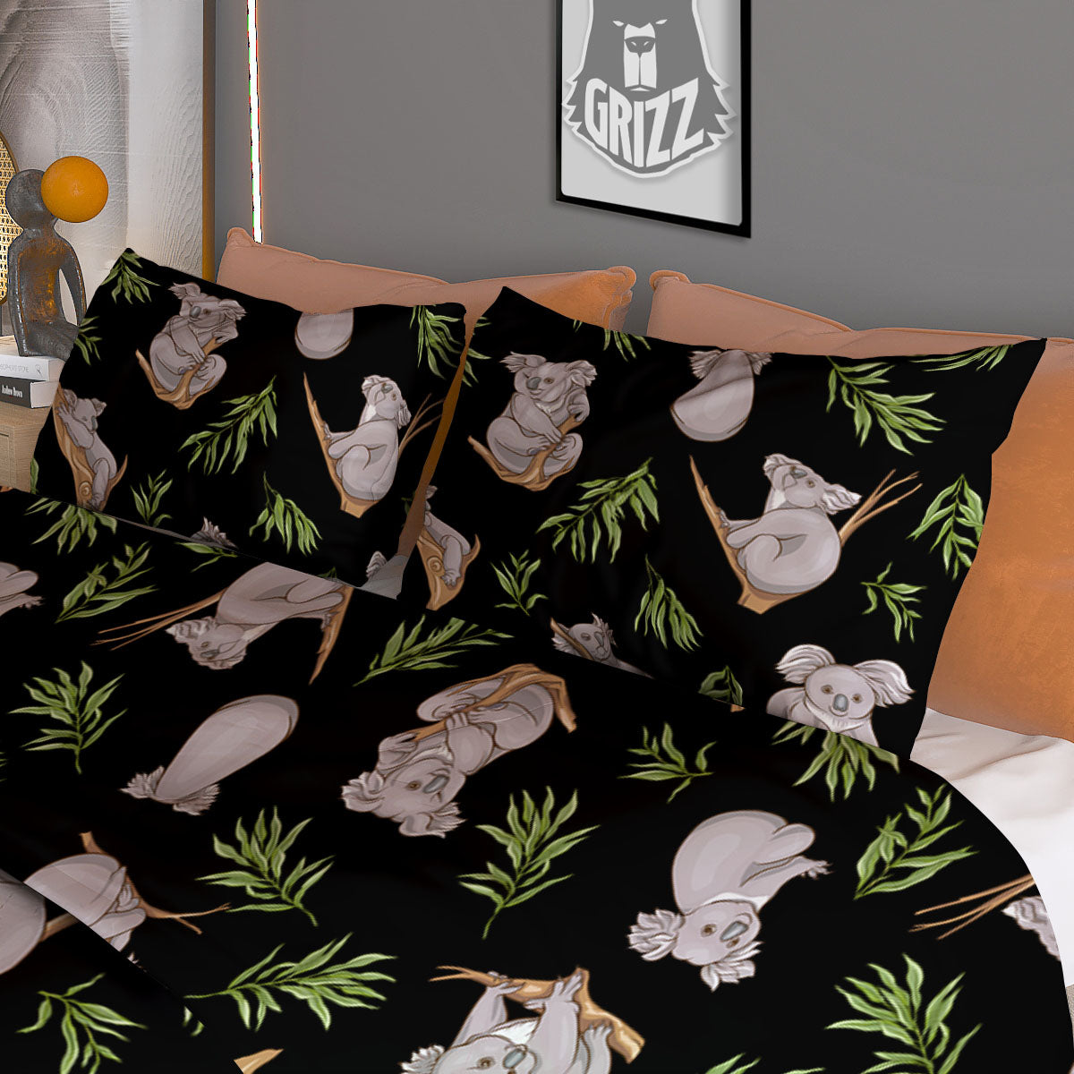 Koala Bear Black Print Pattern Duvet Cover Bedding Set