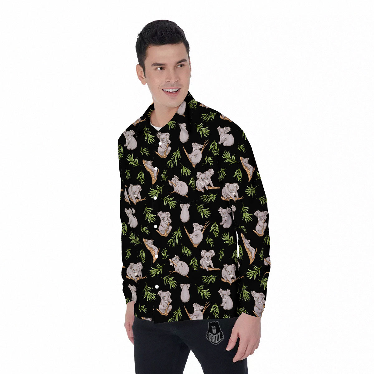 Koala Bear Black Print Pattern Men's Long Sleeve Shirts-grizzshop