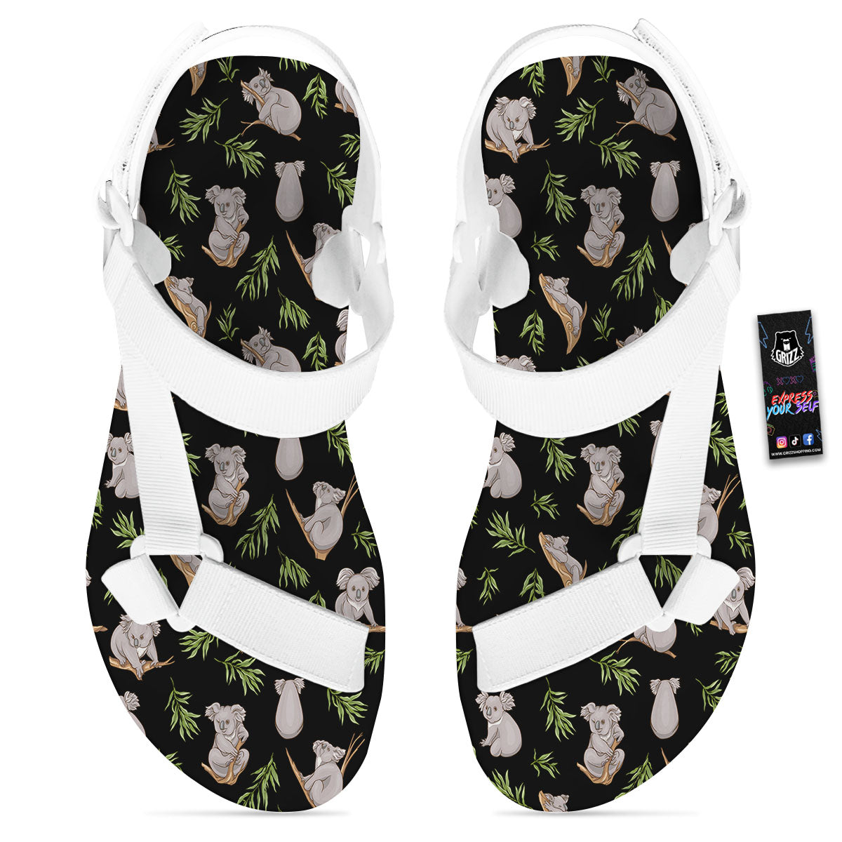 Koala Bear Black Print Pattern White Open Toe Sandals-grizzshop