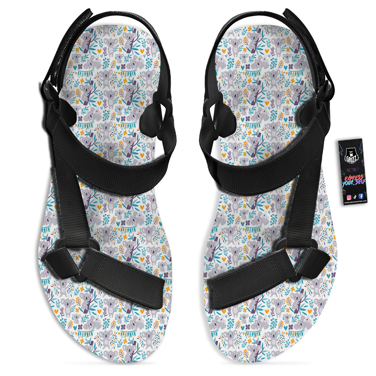 Koala Cartoon Print Pattern Black Open Toe Sandals-grizzshop