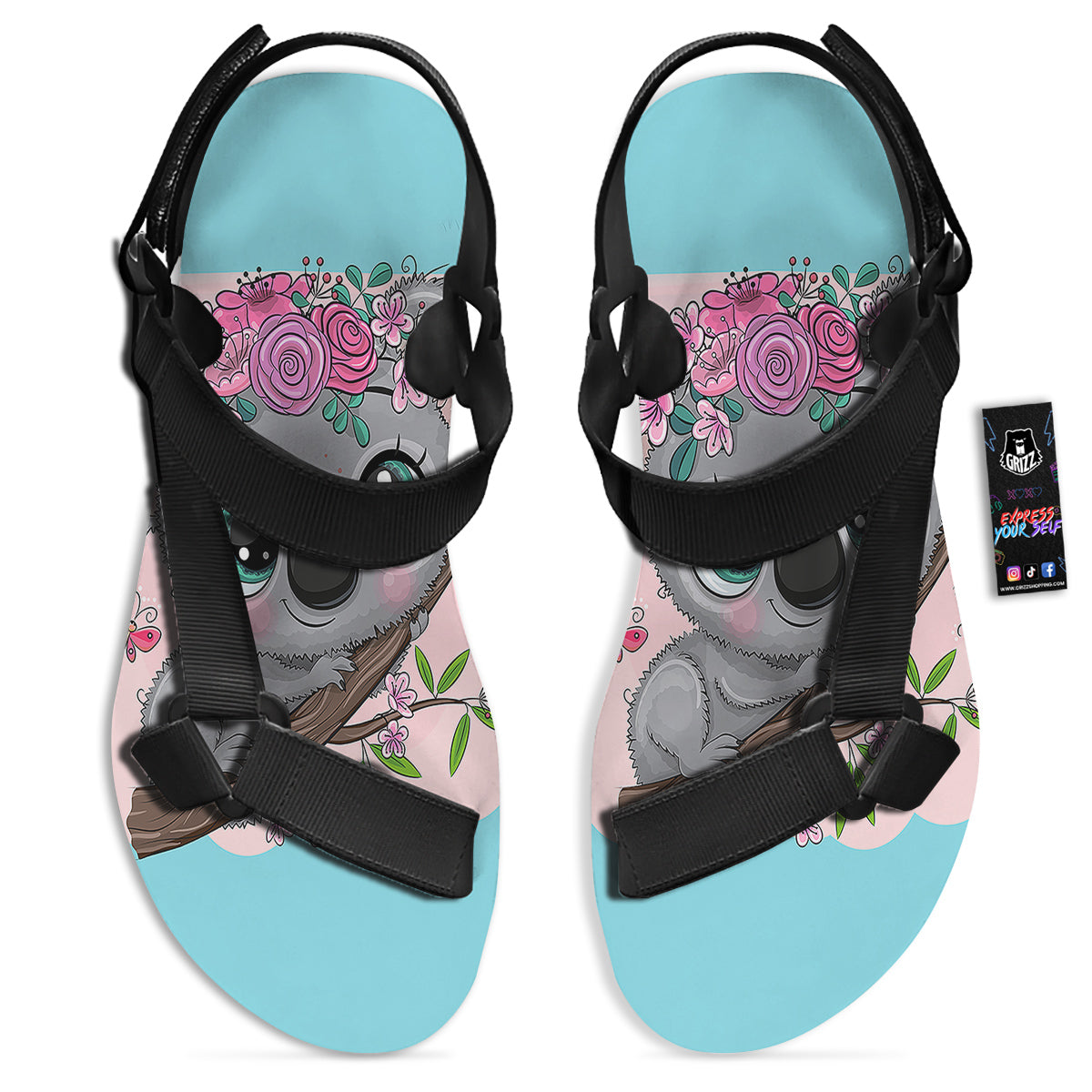 Koala Cute Print Black Open Toe Sandals-grizzshop
