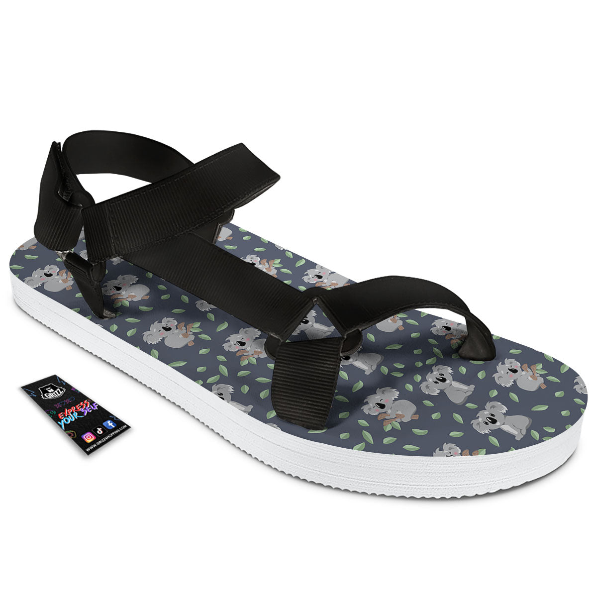 Koala Grey Print Pattern Black Open Toe Sandals-grizzshop