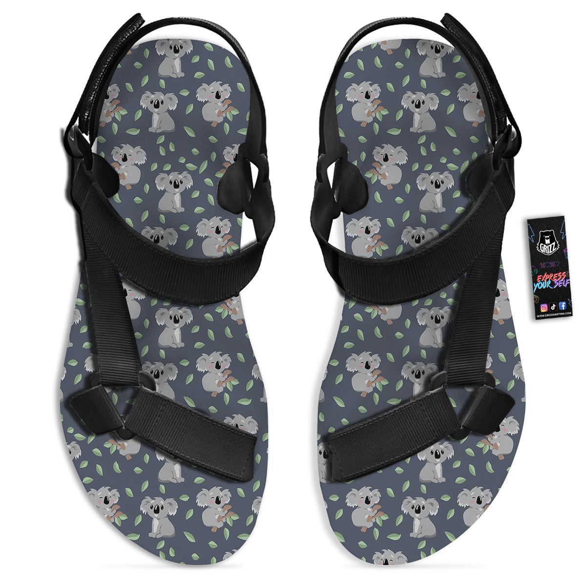 Koala Grey Print Pattern Black Open Toe Sandals-grizzshop