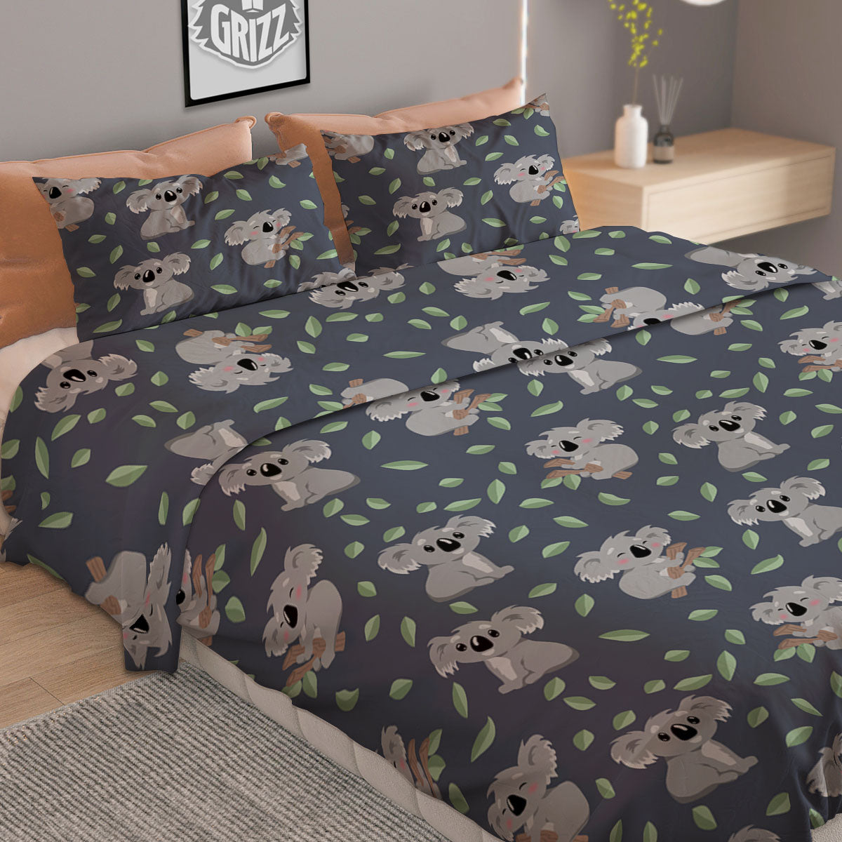 Koala Grey Print Pattern Duvet Cover Bedding Set
