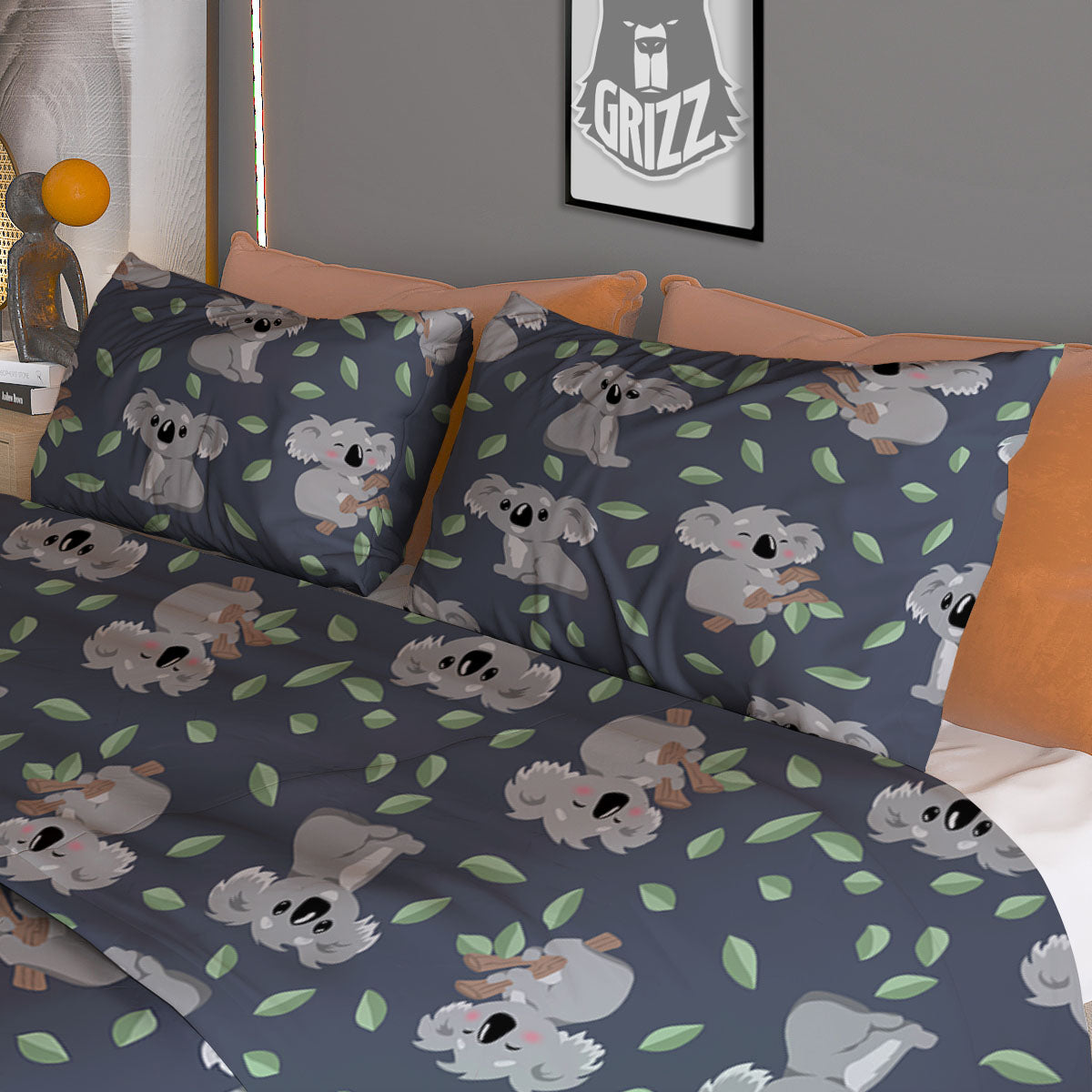 Koala Grey Print Pattern Duvet Cover Bedding Set