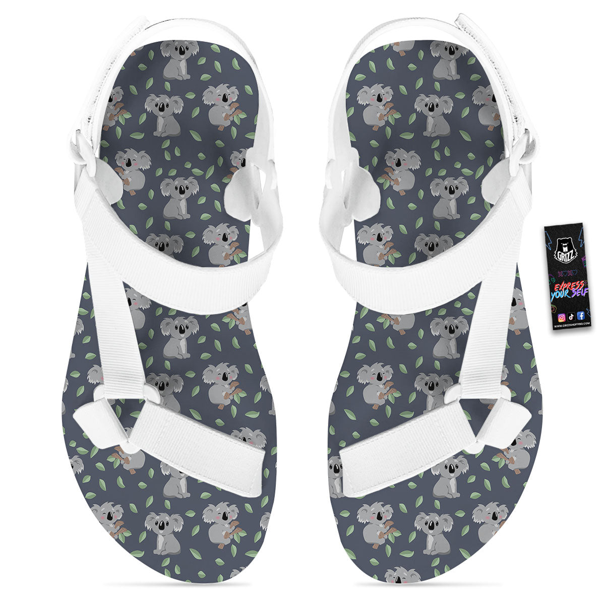 Koala Grey Print Pattern White Open Toe Sandals-grizzshop