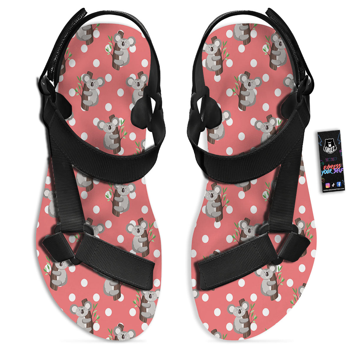Koala Polka Dot Print Pattern Black Open Toe Sandals-grizzshop