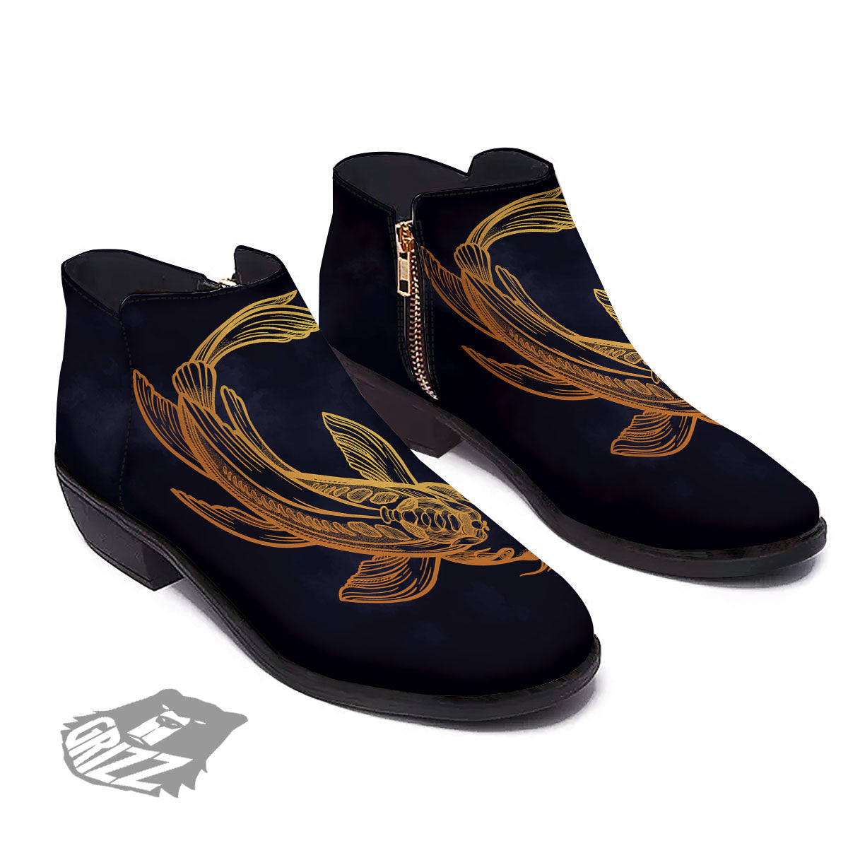 Koi Carp Golden Spiritual Print Ankle Boots-grizzshop