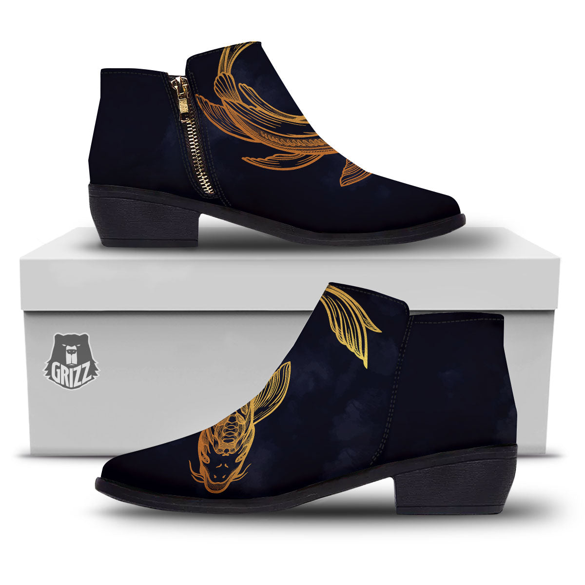 Koi Carp Golden Spiritual Print Ankle Boots-grizzshop