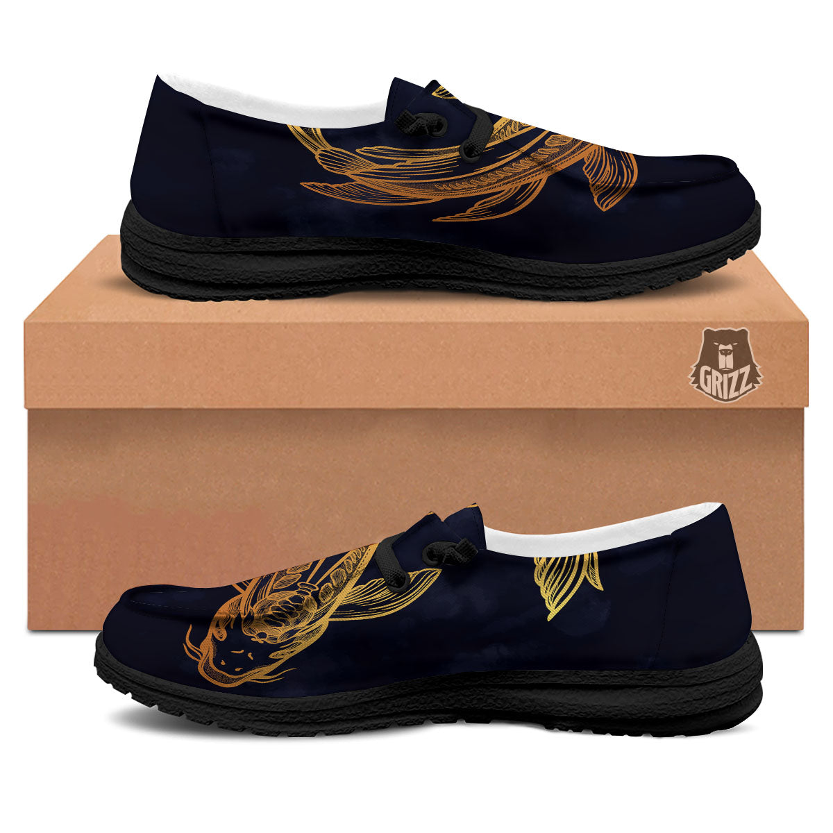 Koi Carp Golden Spiritual Print Black Loafers-grizzshop