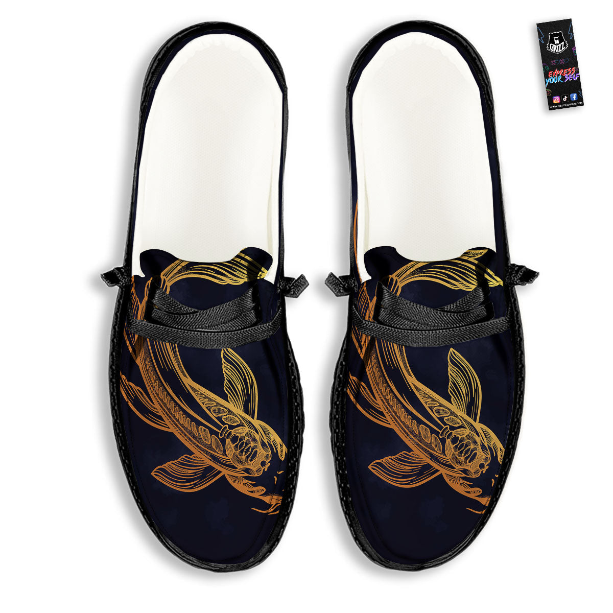 Koi Carp Golden Spiritual Print Black Loafers-grizzshop
