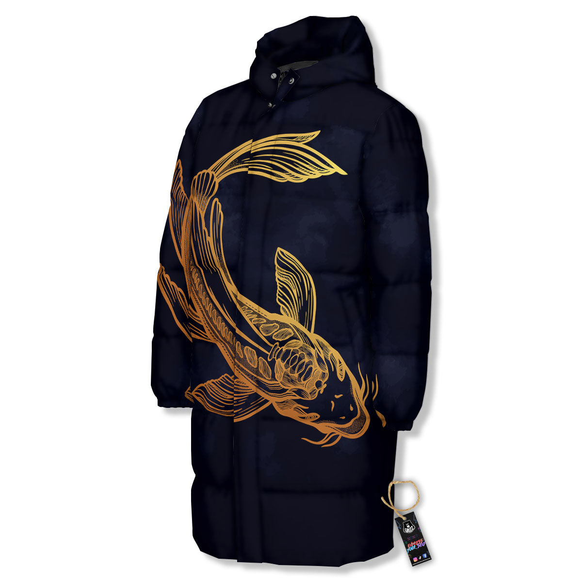 Koi Carp Golden Spiritual Print Long Down Jacket-grizzshop