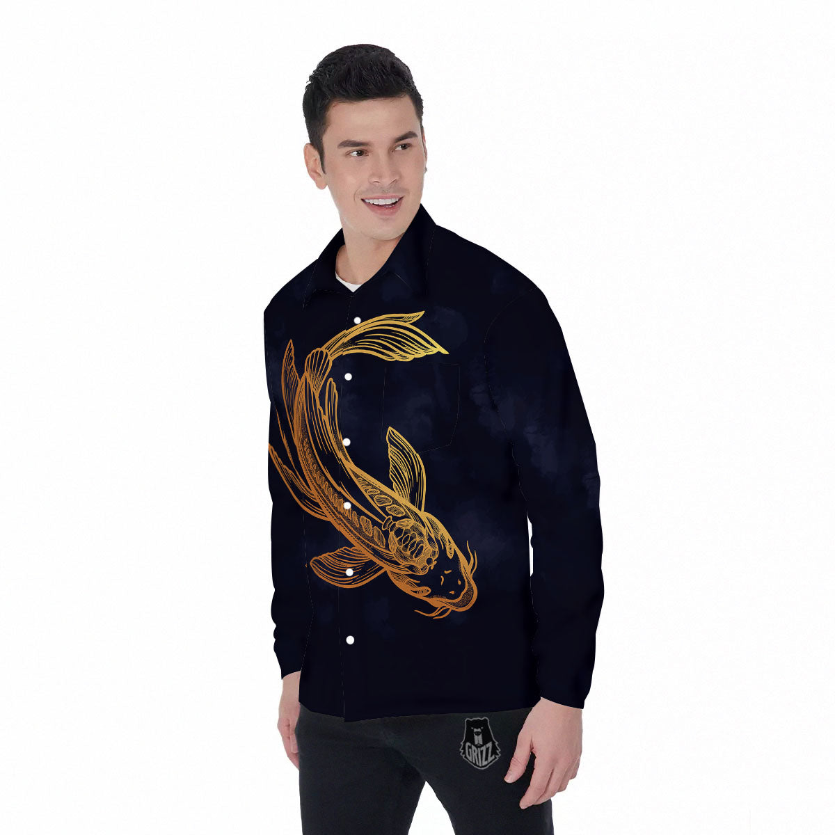 Koi Carp Golden Spiritual Print Men's Long Sleeve Shirts-grizzshop