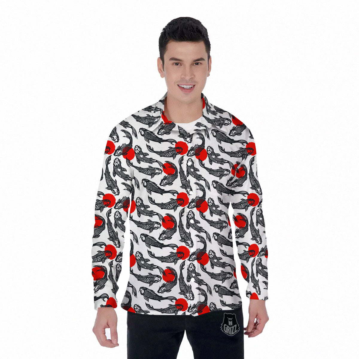 Koi Fish Carp Japanese Print Pattern Men's Long Sleeve Shirts-grizzshop