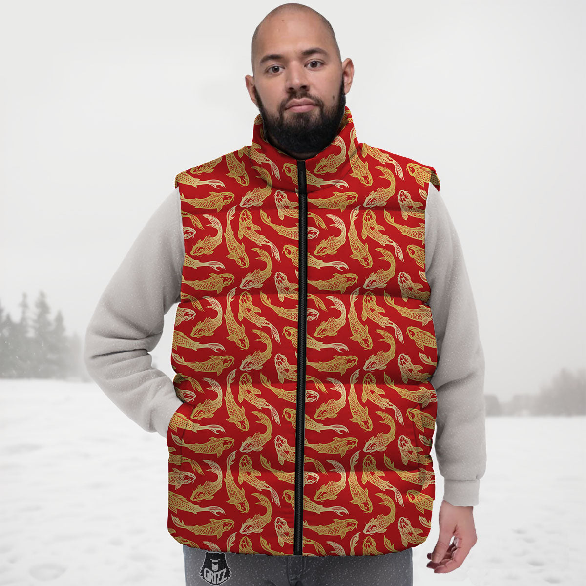 Koi Fish Chinese Print Pattern Down Vest-grizzshop