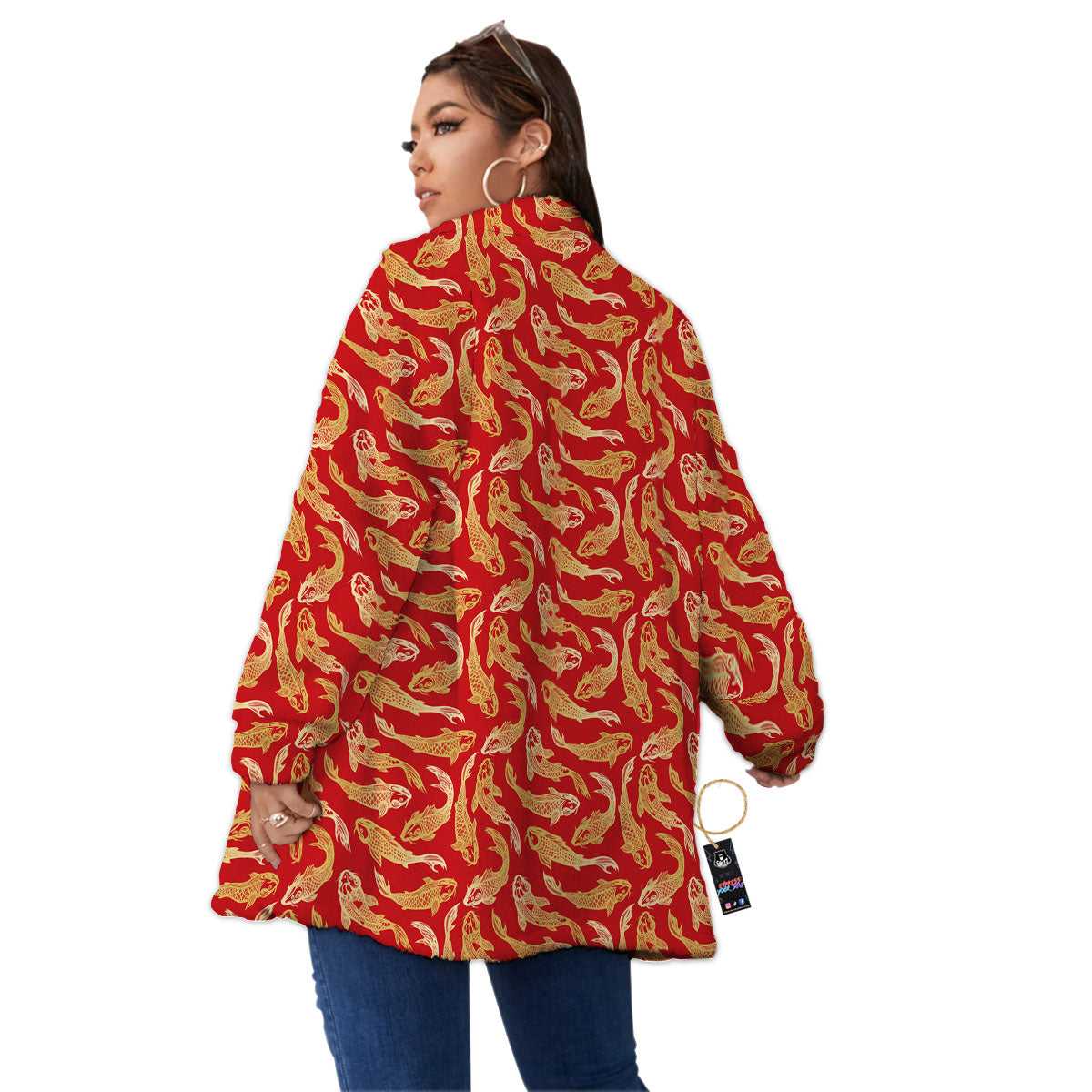 Koi Fish Chinese Print Pattern Women's Sherpa Jacket-grizzshop