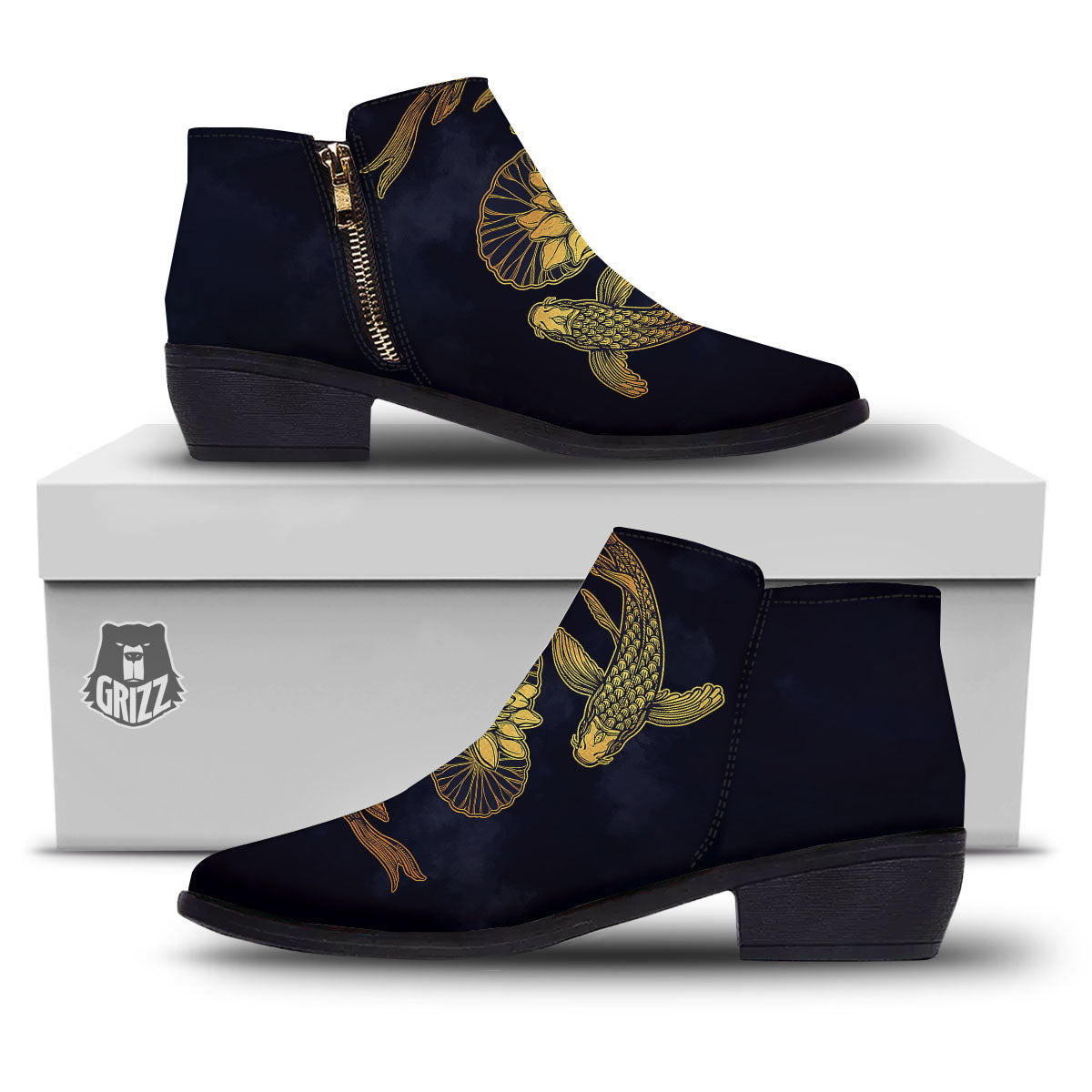 Koi Fish Golden Spiritual Print Ankle Boots-grizzshop