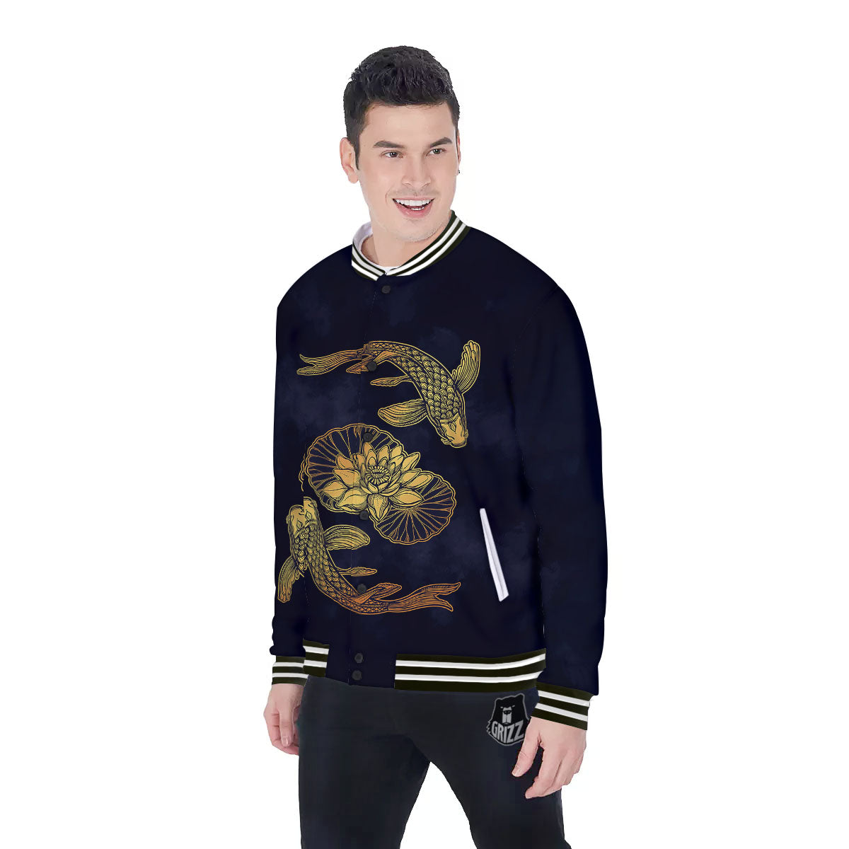 Koi Fish Golden Spiritual Print Baseball Jacket-grizzshop