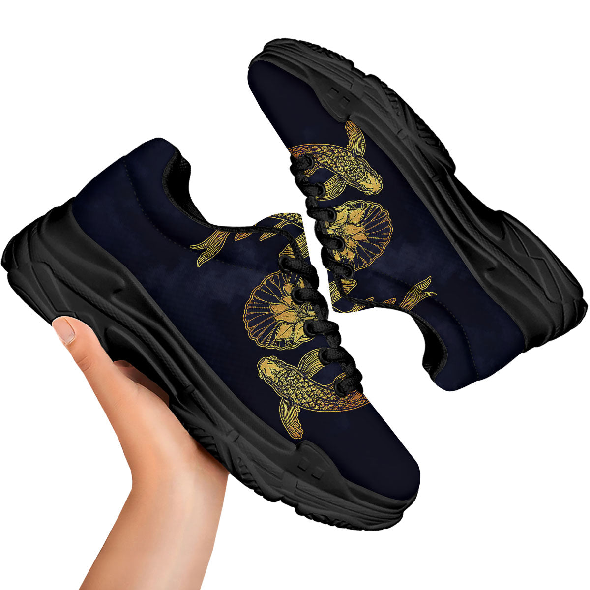 Koi Fish Golden Spiritual Print Black Chunky Shoes-grizzshop