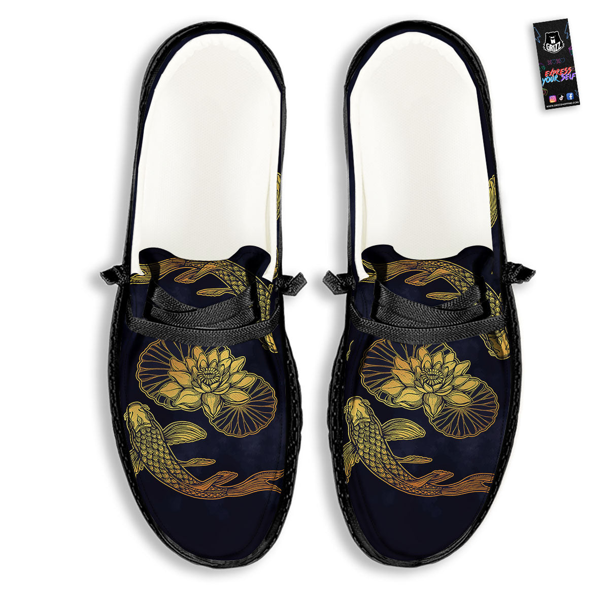 Koi Fish Golden Spiritual Print Black Loafers-grizzshop