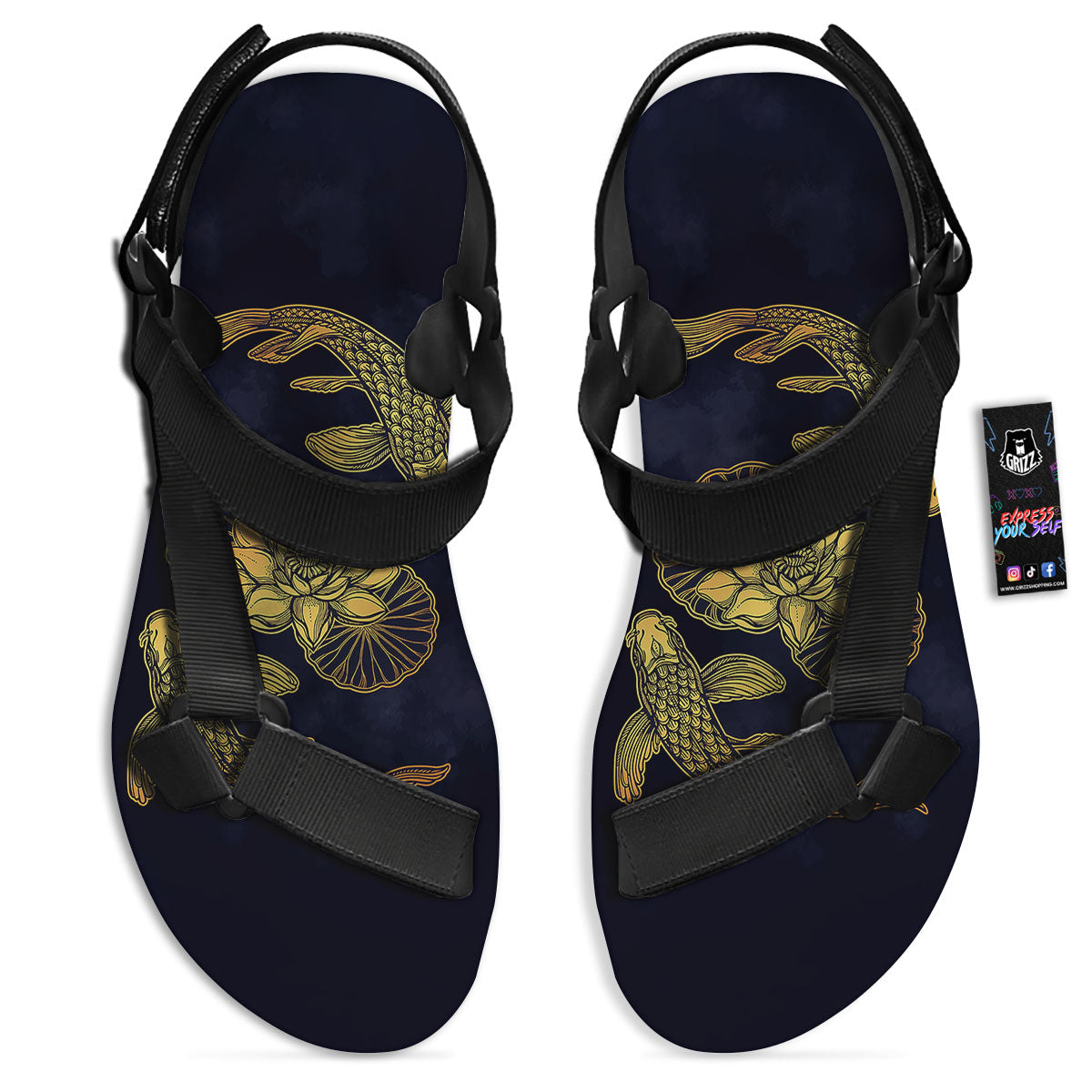 Koi Fish Golden Spiritual Print Black Open Toe Sandals-grizzshop