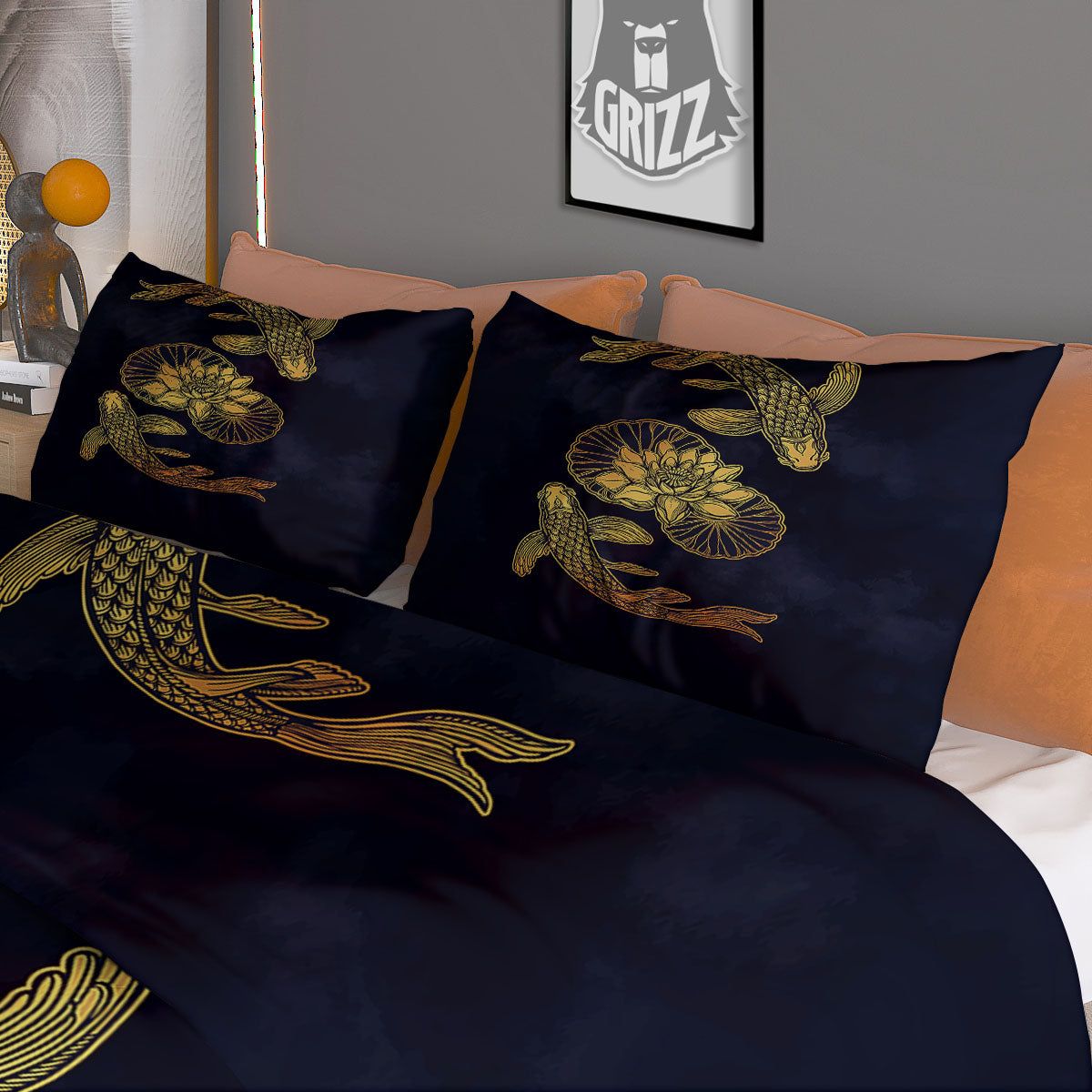 Koi Fish Golden Spiritual Print Duvet Cover Bedding Set