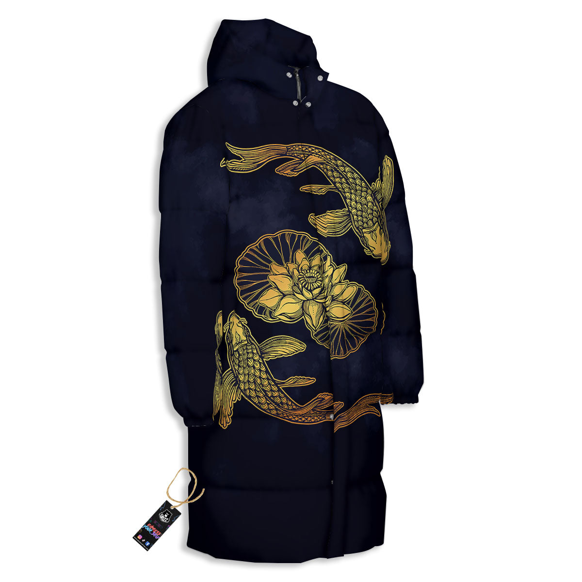 Koi Fish Golden Spiritual Print Long Down Jacket-grizzshop