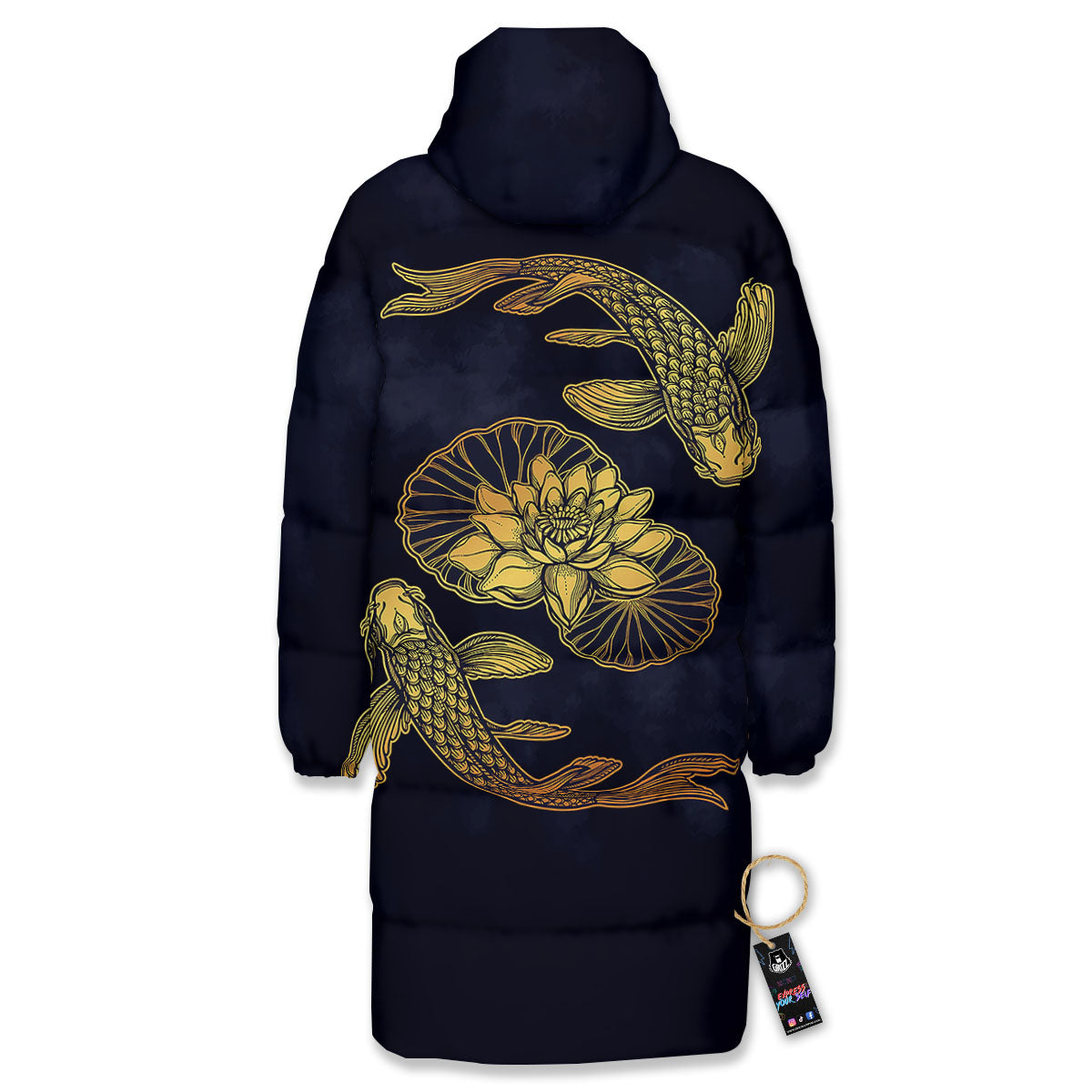 Koi Fish Golden Spiritual Print Long Down Jacket-grizzshop