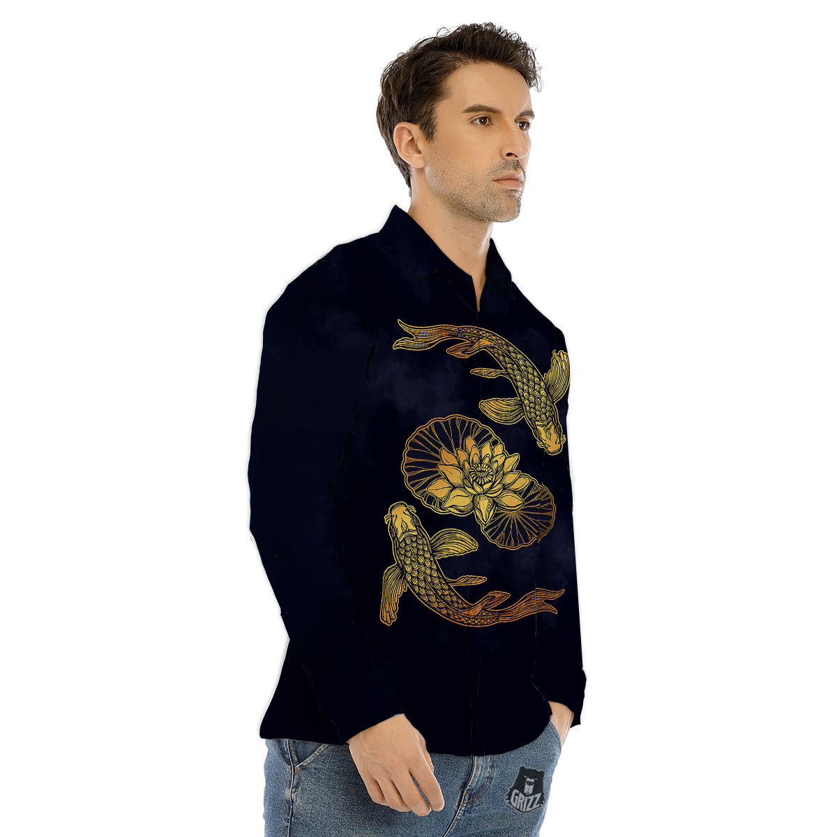 Koi Fish Golden Spiritual Print Men's Dress Shirts-grizzshop