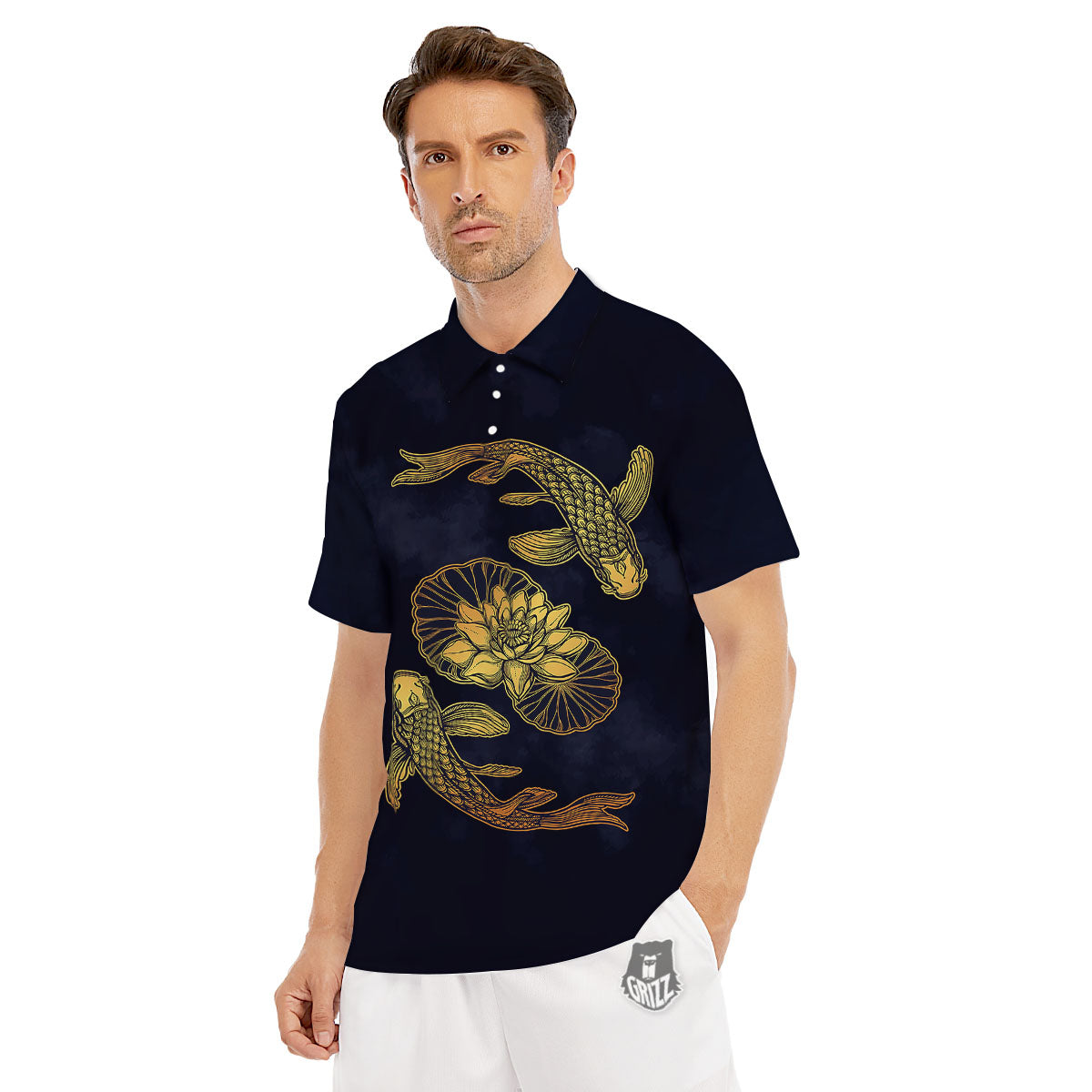 Koi Fish Golden Spiritual Print Men's Golf Shirts-grizzshop