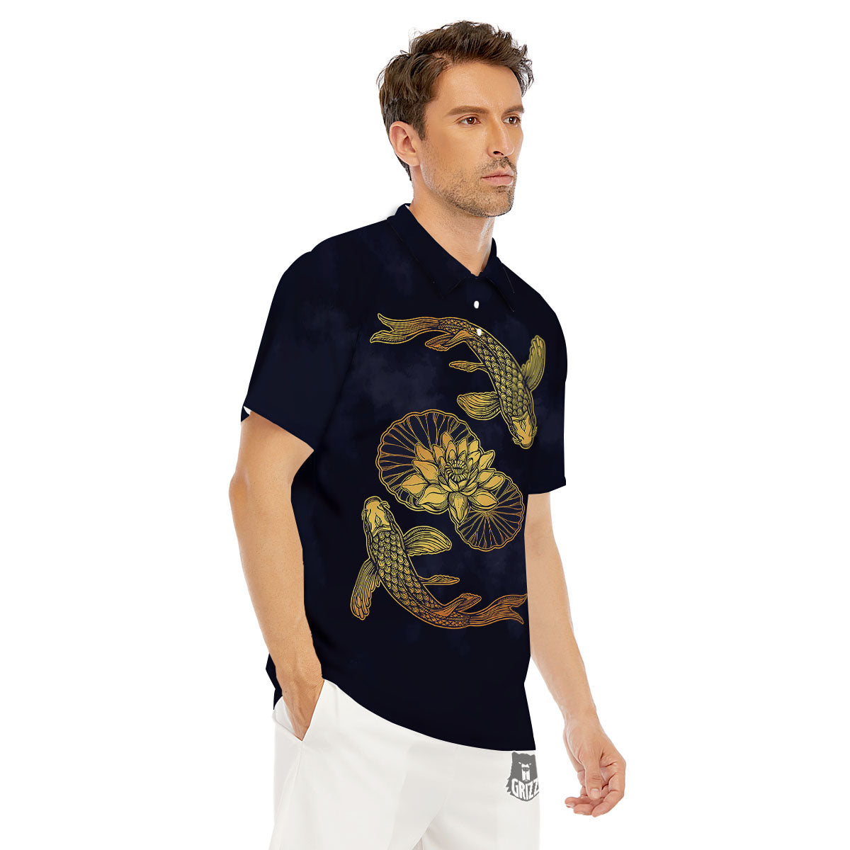Koi Fish Golden Spiritual Print Men's Golf Shirts-grizzshop