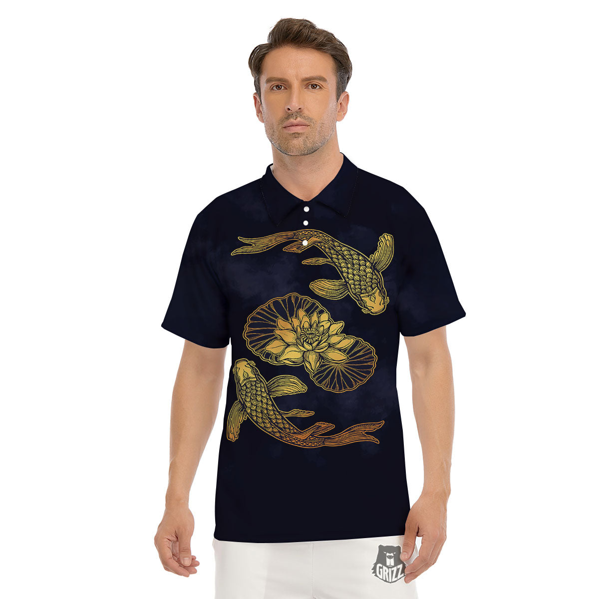 Koi Fish Golden Spiritual Print Men's Golf Shirts-grizzshop