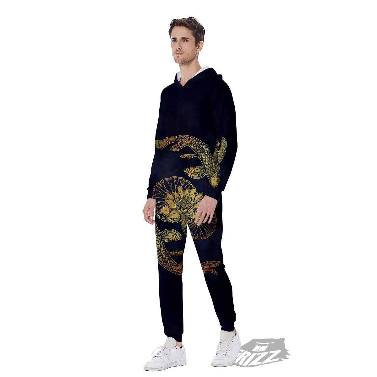 Koi Fish Golden Spiritual Print Men's Jumpsuit-grizzshop