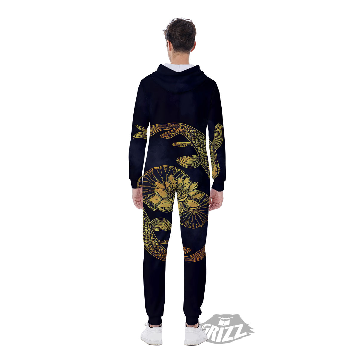 Koi Fish Golden Spiritual Print Men's Jumpsuit-grizzshop