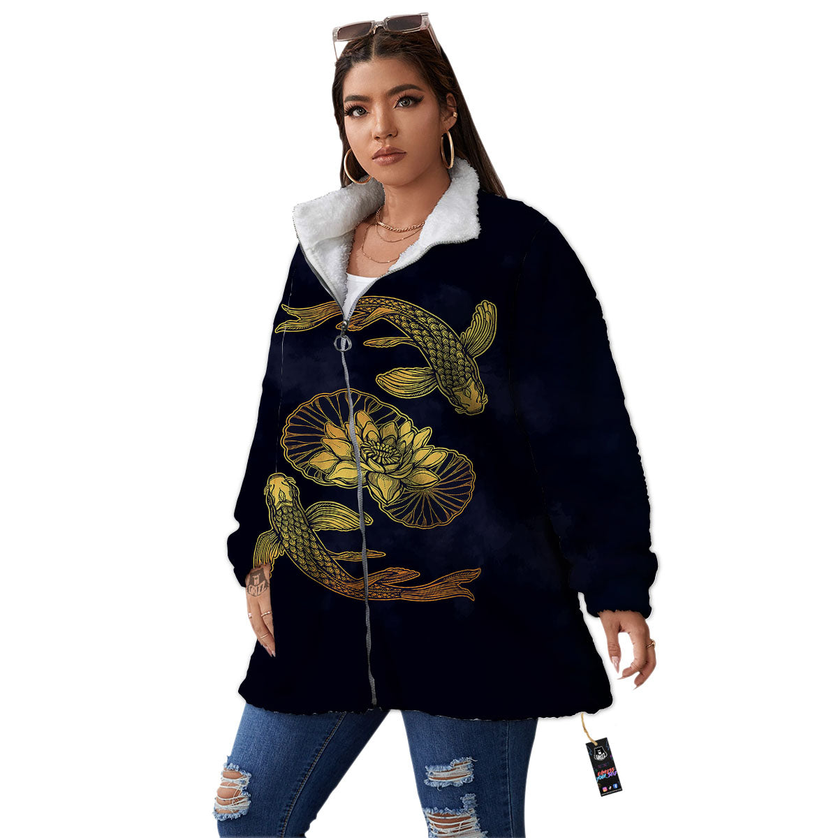 Koi Fish Golden Spiritual Print Women's Sherpa Jacket-grizzshop