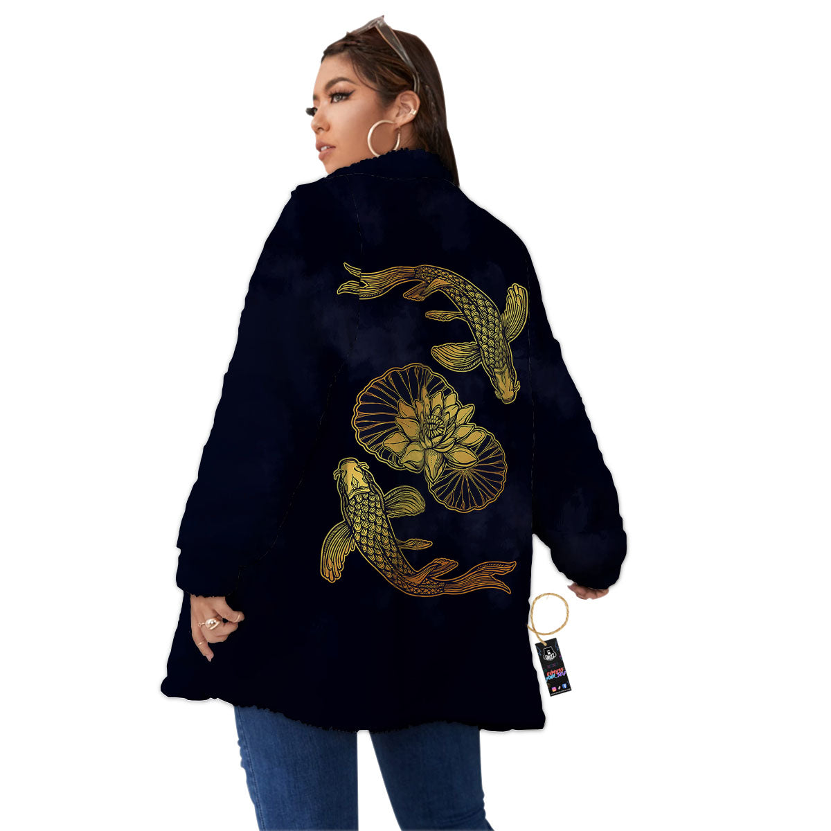 Koi Fish Golden Spiritual Print Women's Sherpa Jacket-grizzshop