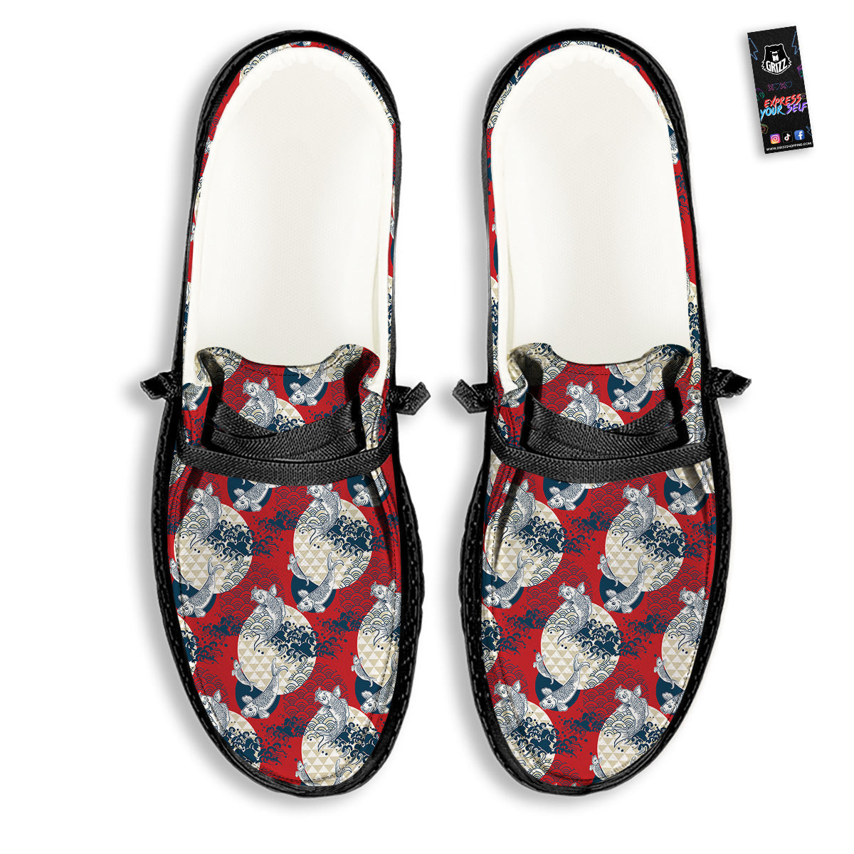 Koi Fish Japanese Wave Print Pattern Black Loafers-grizzshop
